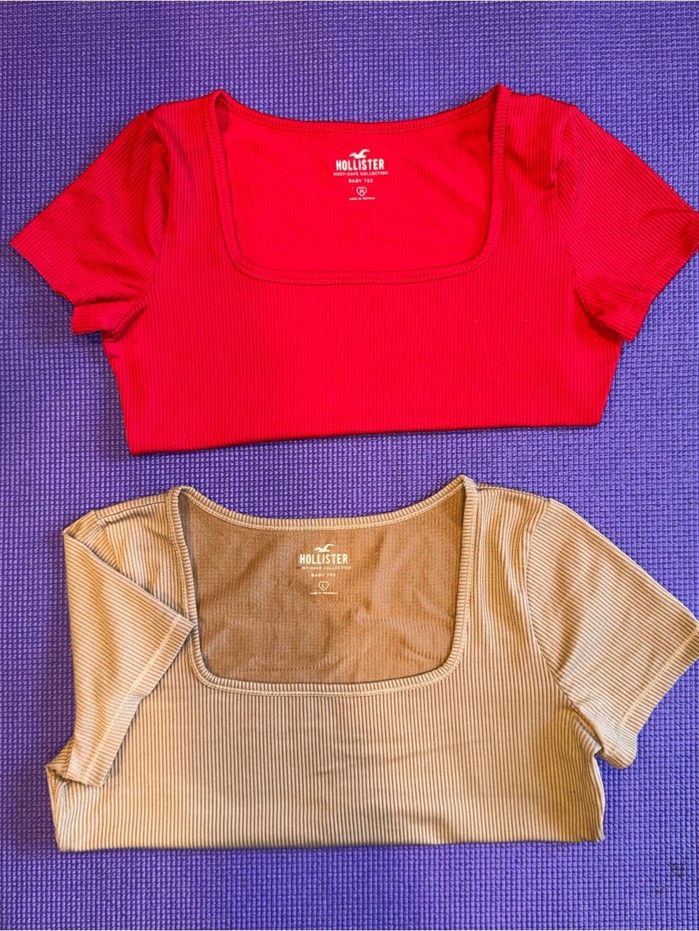 Hollister: Ribbed Square-Neck Crop Tops in Red and Tan